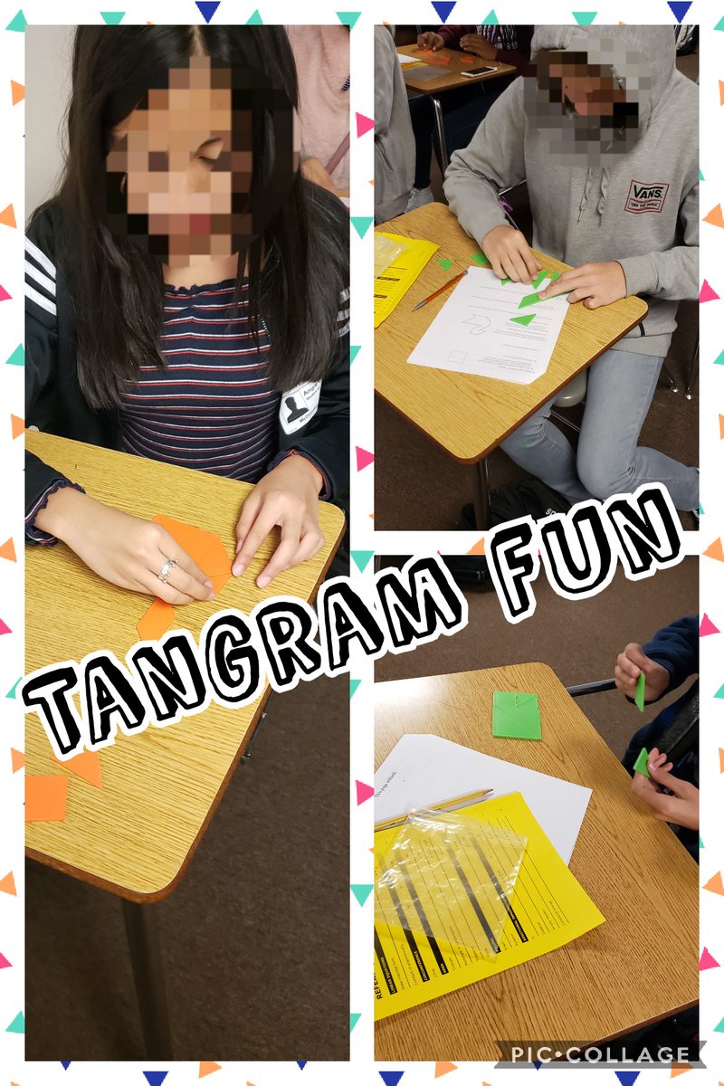 MsHarrisTweet1's tweet photo. Tangram fun in 7th grade math class! Students tried so hard to be the 1st to make a square. #MakingCompositeFigures #FindingArea #mathchat #handsonmath #tangrams @MDJH_Panthers https://t.co/uAN3udTtxc