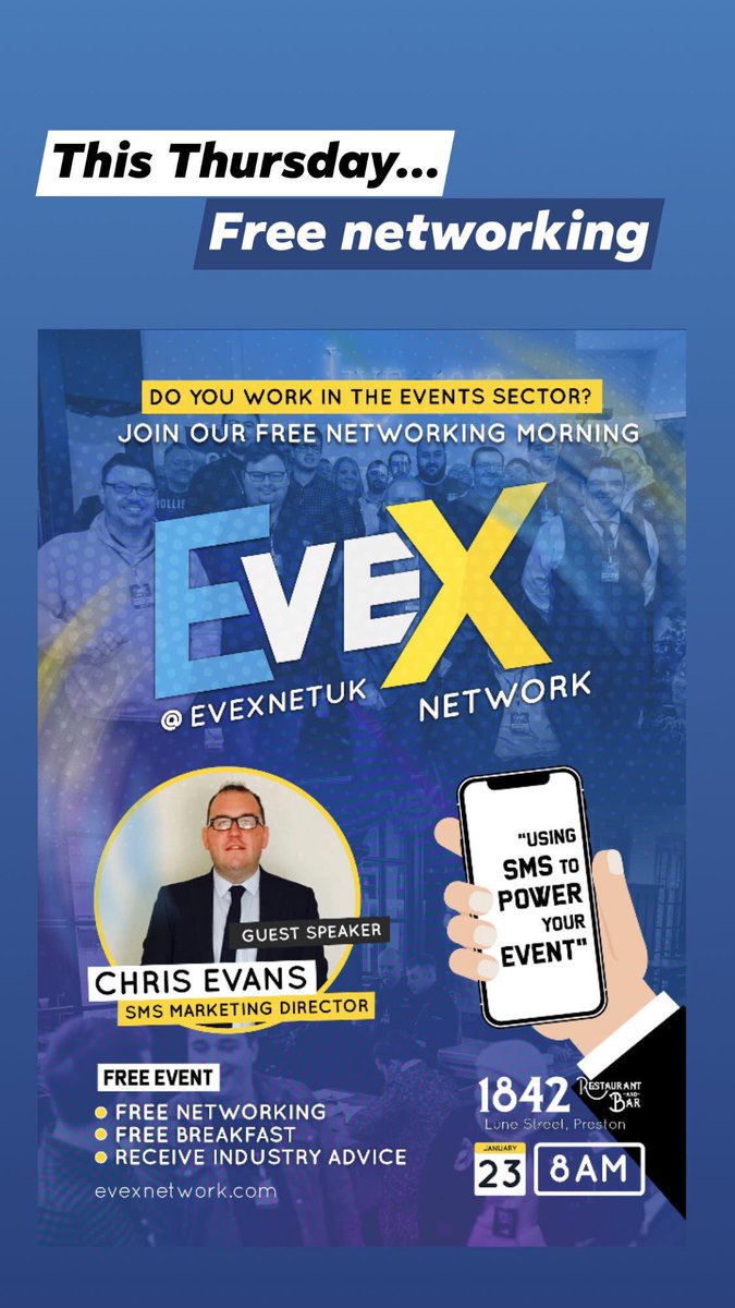 evexnetuk's tweet photo. If you are based in the North West and work in the events sector this will be right up your street. 

Attend a free networking session lead by Mark and our guest speaker Chris Evans. He will be teaching you how to use SMS to power your event. 

1842, Lune Street, Preston from 8am https://t.co/ArZuscVI2F