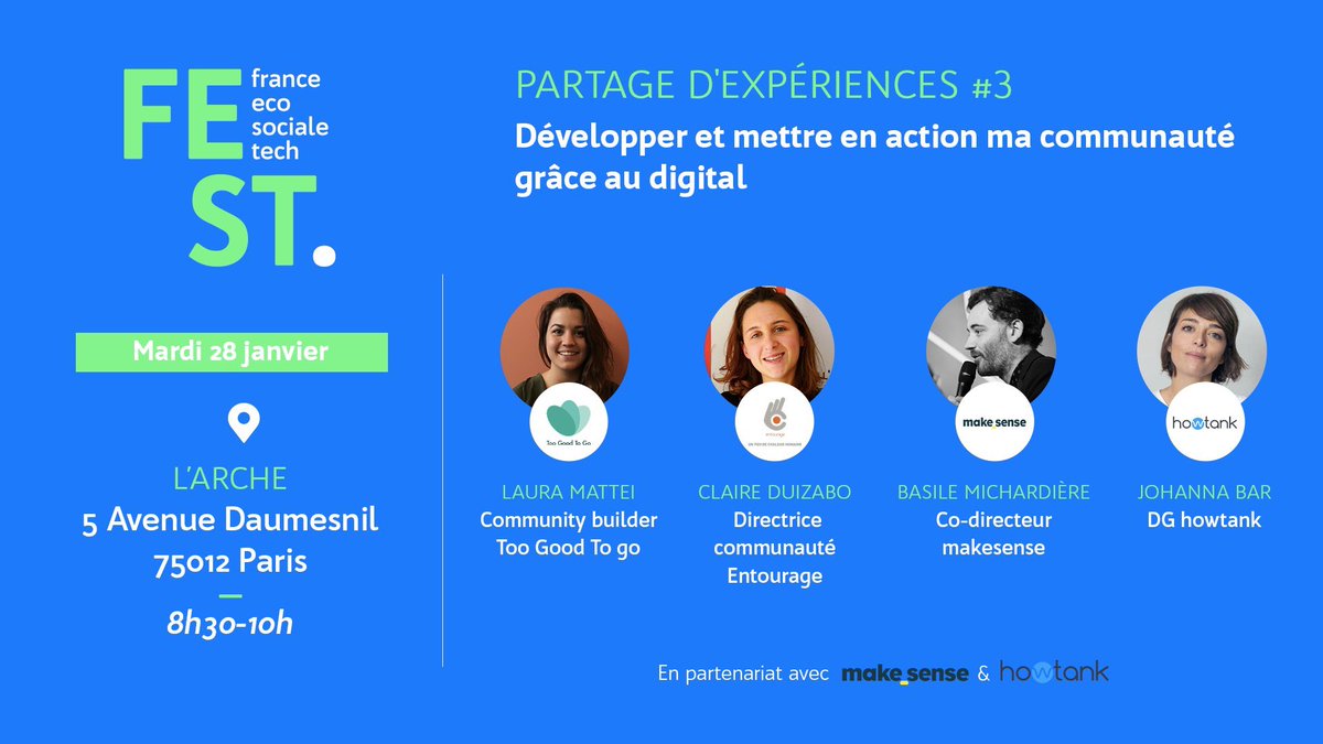 Jean_MOREAU_'s tweet photo. Entrepreneurs #TechForGood, le 28 janvier, @FEcoSocialeTech organise avec @makesense &amp; @howtank_FR un petit déj : "Développer et mettre en action ma communauté grâce au #digital" avec des témoignages et retours d’expérience inspirants 
Inscriptions : 
👉https://t.co/n6971YzE7x https://t.co/K5KDCHWlXU