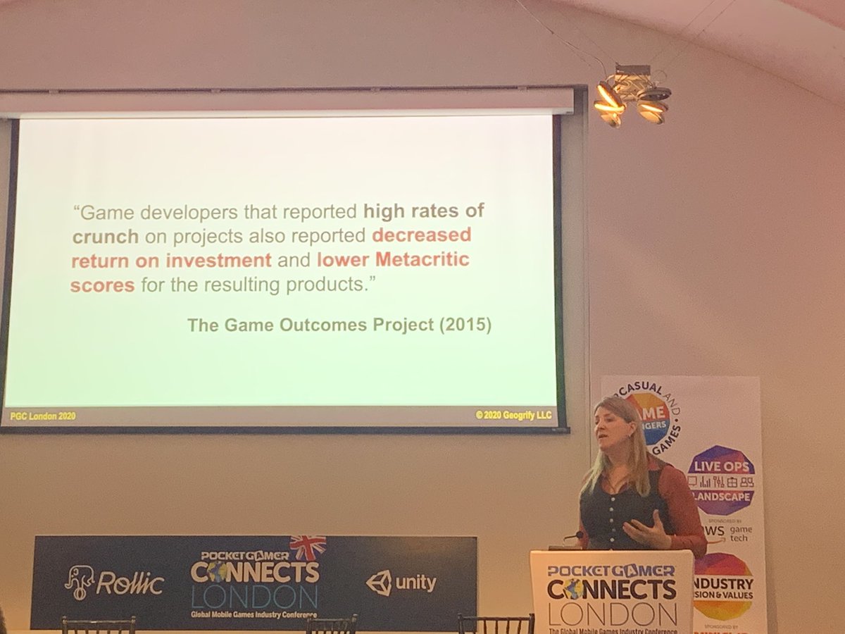 Elaine_Reynolds's tweet photo. Crunch correlated with lower metacritic scores and lower return on investment according to The Game Outcomes Project (2015) in @geogrify @PGConnects talk #gamedev #crunch #gamedevcrunch https://t.co/B5fZbgUuna