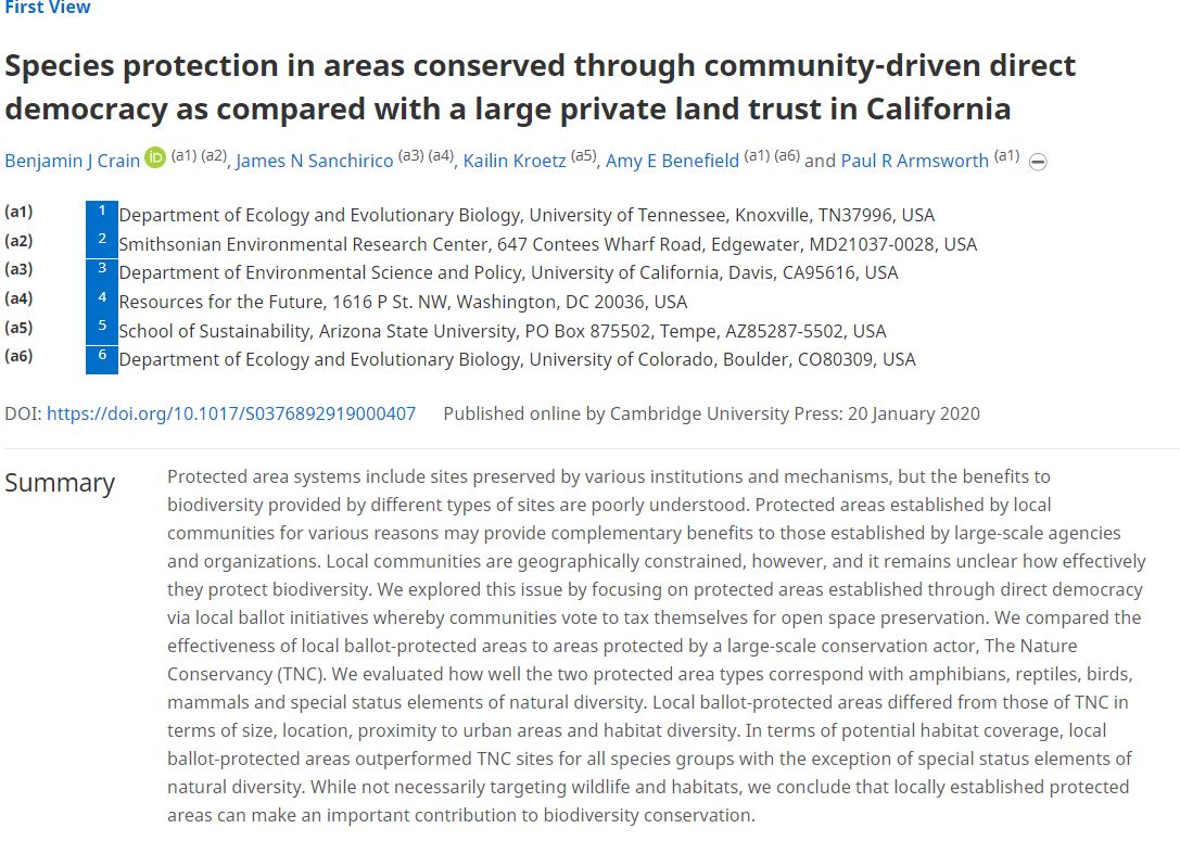 EnvConsJournal's tweet image. Recent paper - Evaluating how well #amphibians, #reptiles, #birds, #mammals &amp;amp; special status elements of natural diversity were conserved through community-driven direct democracy as compared with a large private land trust in #California #protectedareas bit.ly/2THotgW