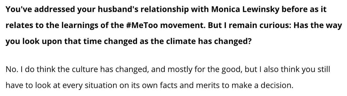 hollyotterbein's tweet image. Clinton on “Bernie Bros”: “It’s his online Bernie Bros and their relentless attacks on lots of his competitors, particularly the women”

Clinton on Harvey Weinstein: “How could we have known?”

Clinton on Bill &amp;amp; Monica: “You still have to look at every situation on its own facts”