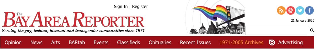 eBARnews's tweet photo. all obituaries published in the #BayAreaReporter can be searched on our site https://t.co/xvFSGMTvGS. Also included is our full digital #archives from 1971-2005, as well as recent editions in PDF format. https://t.co/igpnCnCwq6