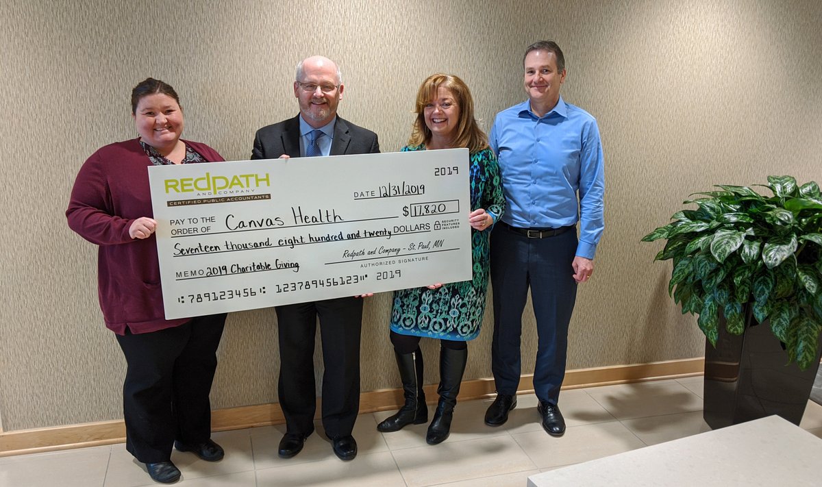 RedpathCPAS's tweet photo. Cathy Lydon, director and not-for-profit team leader, and Tom Hodnefield, partner, presented a check to @CanvasHealth for $17,820 at our headquarters in St. Paul. https://t.co/eSI2aGdKp8
#nonprofit #community #StPaul #Minnesota https://t.co/VjrCmV8L1V