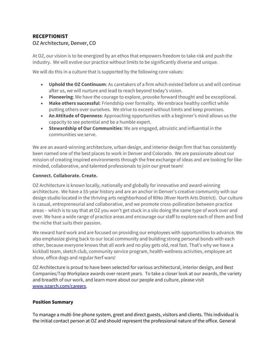 SdaDenver's tweet photo. Oz Architecture, one of our member firms, is looking for a receptionist. Apply at https://t.co/Qp7EdttPJ2. https://t.co/rkvZ5Wzm9L