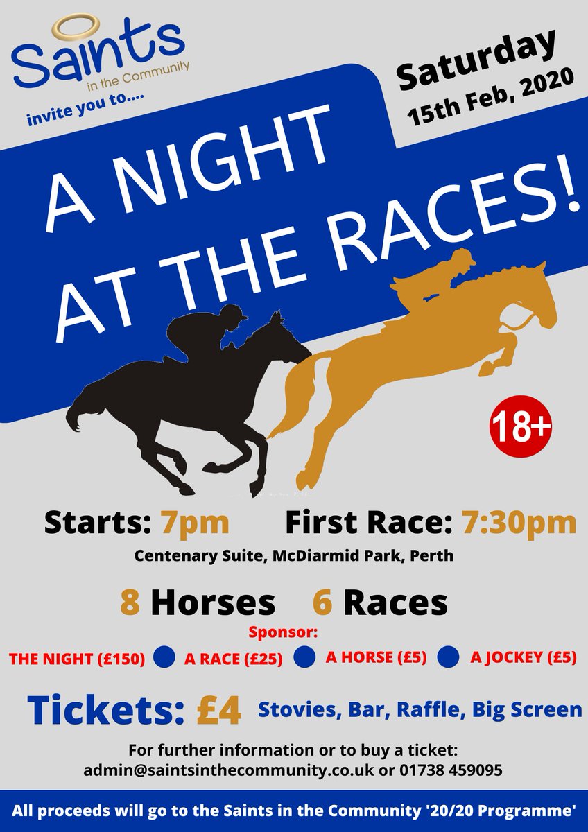 Delighted to announce details of our Race Night in support of 20/20 programme!

TO SUPPORT THE EVENT:
🎫 Tickets (£4)
🔵 Sponsor the Night (£150)
🏁 Sponsor a Race (£25)
🐴 Own a Horse (£5)
🏇 Buy a Jockey (£5)
🎁 Raffle Donations

Further info➡️admin@saintsinthecommunity.co.uk