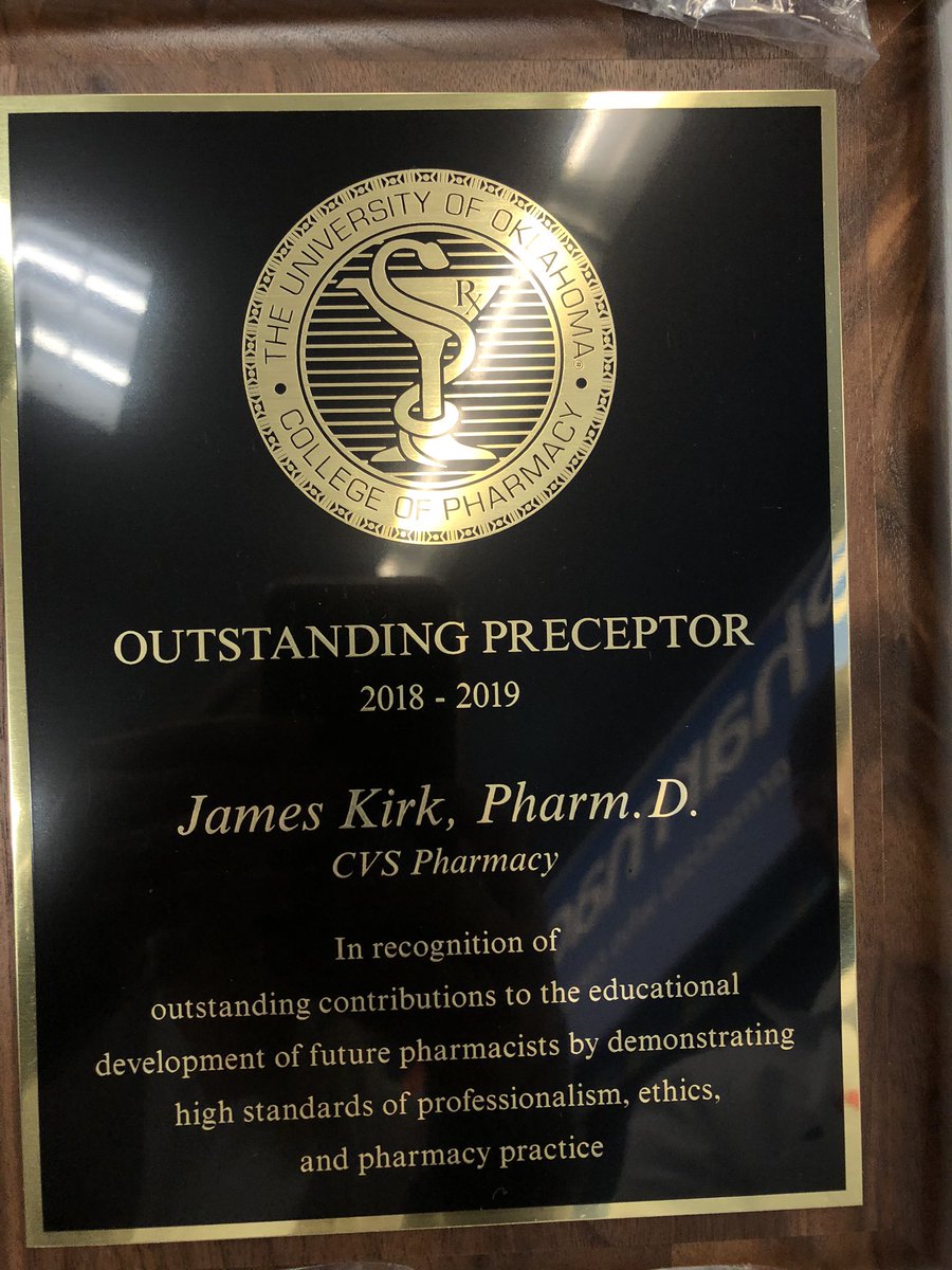 LynseyGenauer's tweet photo. Congratulations to PM James Kirk at CVS 6225 for receiving the award of Outstanding Preceptor from @UofOklahoma! Huge accomplishment! Thank you James for all you do for our students! @sheahuds @RxScottLason https://t.co/e2iYgO8FpO