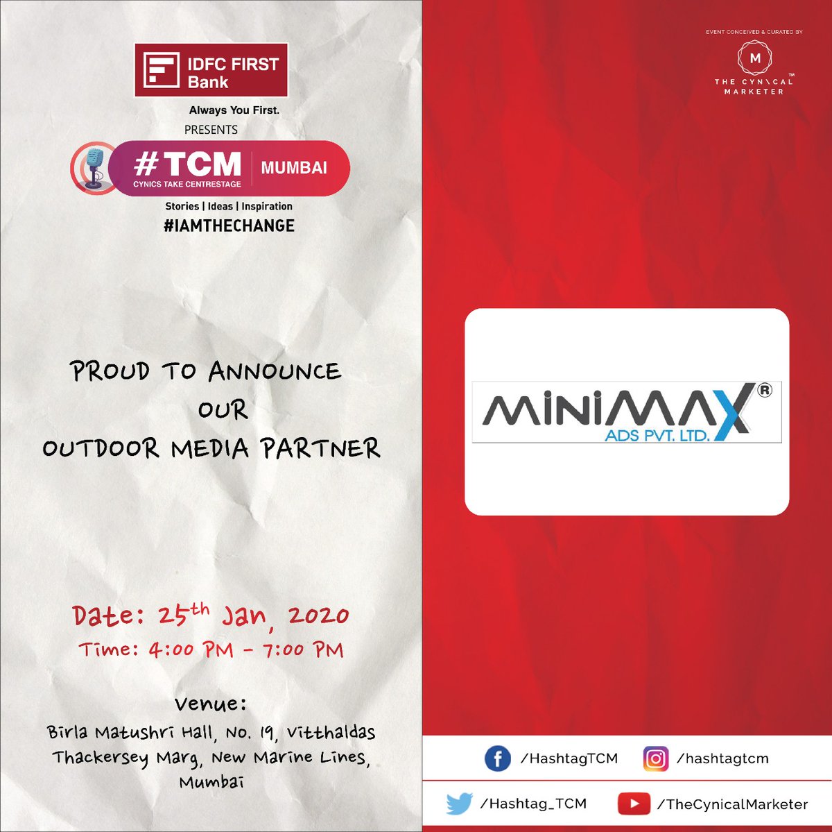 Hashtag_TCM's tweet image. We are excited to announce Minimax Ads Pvt Ltd as our #OOHPartner for @IDFCFIRSTBank presents #TCMMumbai

Book #YourTickets Now👉bit.ly/HashtagTCMMumb…
#Venue : Birla Matushree, Marine Lines
#Date &amp;amp; #Time: 25th Jan 2020 | 4.00PM - 7.00PM