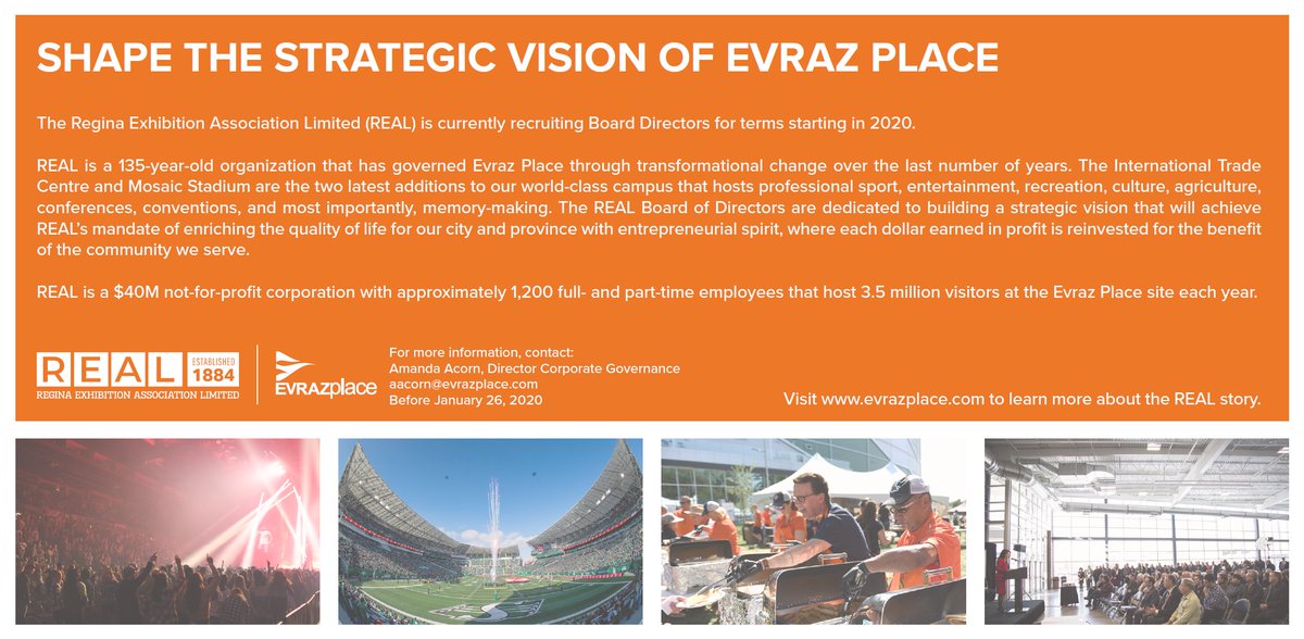 REALDistrictyqr's tweet photo. Don't miss your opportunity to help shape the strategic vision of Evraz Place and our community by joining REAL's Board of Directors.

Deadline to apply is January 26.

Contact aacorn@evrazplace.com for more information. https://t.co/dwlJFvqKWs