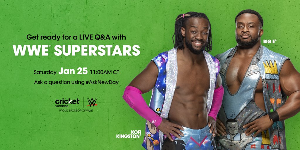 Cricketnation's tweet photo. Join us here on 1/25 for a LIVE Twitter Q&A hosted by @Kazeem with @WWE Superstars @TrueKofi and @WWEBigE! What do you want to ask them? Tweet us using #AskNewDay https://t.co/SLsXgAwkzq