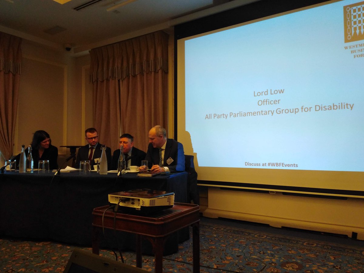 Four people sitting in a row behind a table in front of a screen reading - Lord Low, Officer, All Party Parliamentary Group for Disability 