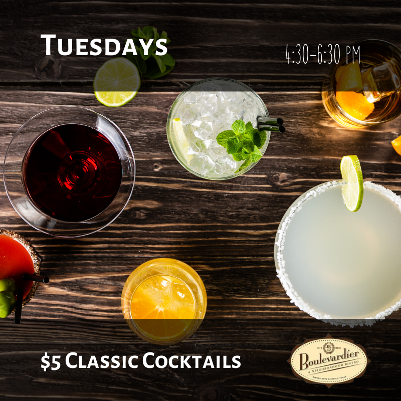 Tiptoe in for Tuesday Happy Hour at Boulevardier!  We have $5 classic cocktails including Sazerac, Old Fashioned, Daiquiris, and French 75.  4:30-6:30pm.  Make it a meal with half-price steaks and lamb all night.