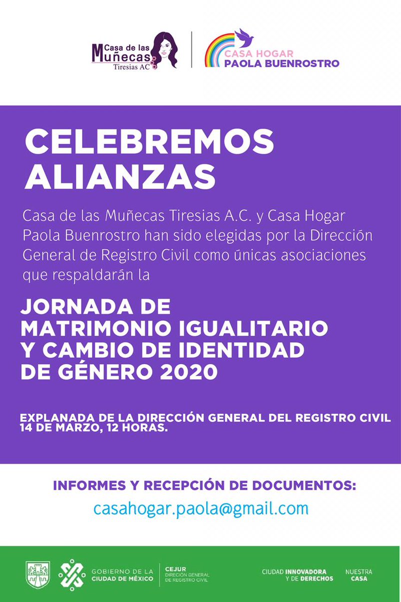 Casa de las Muñecas Tiresias A.C (@ctiresias) on Twitter photo Celebremos alianzas, Jornada de Matrimonio Igualitario y Cambio de Identidad de Género 2020, este próximo 14 de Marzo.
Recepción de documentos casahogar.paola@gmail.com #10AñosMatrimonioIgualitario #5AñosCambiodeGenero
#casamuñecastiresias Celebremos alianzas, Jornada de Matrimonio Igualitario y Cambio de Identidad de Género 2020, este próximo 14 de Marzo.
Recepción de documentos casahogar.paola@gmail.com #10AñosMatrimonioIgualitario #5AñosCambiodeGenero
#casamuñecastiresias