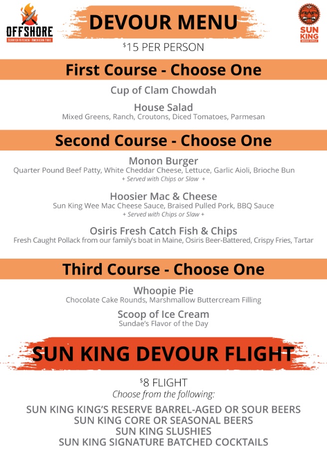 SunKingBrewing's tweet photo. In case you missed it! Here's the @DevourIndy @eatoffshore + Sun King Broad Ripple Menu.
Stop in today thru Feb 2nd for these awesome #DevourIndy Specials!
#sunkingbrewery #broadripple #bripple #showupwithsunking https://t.co/ETUfBgovPn