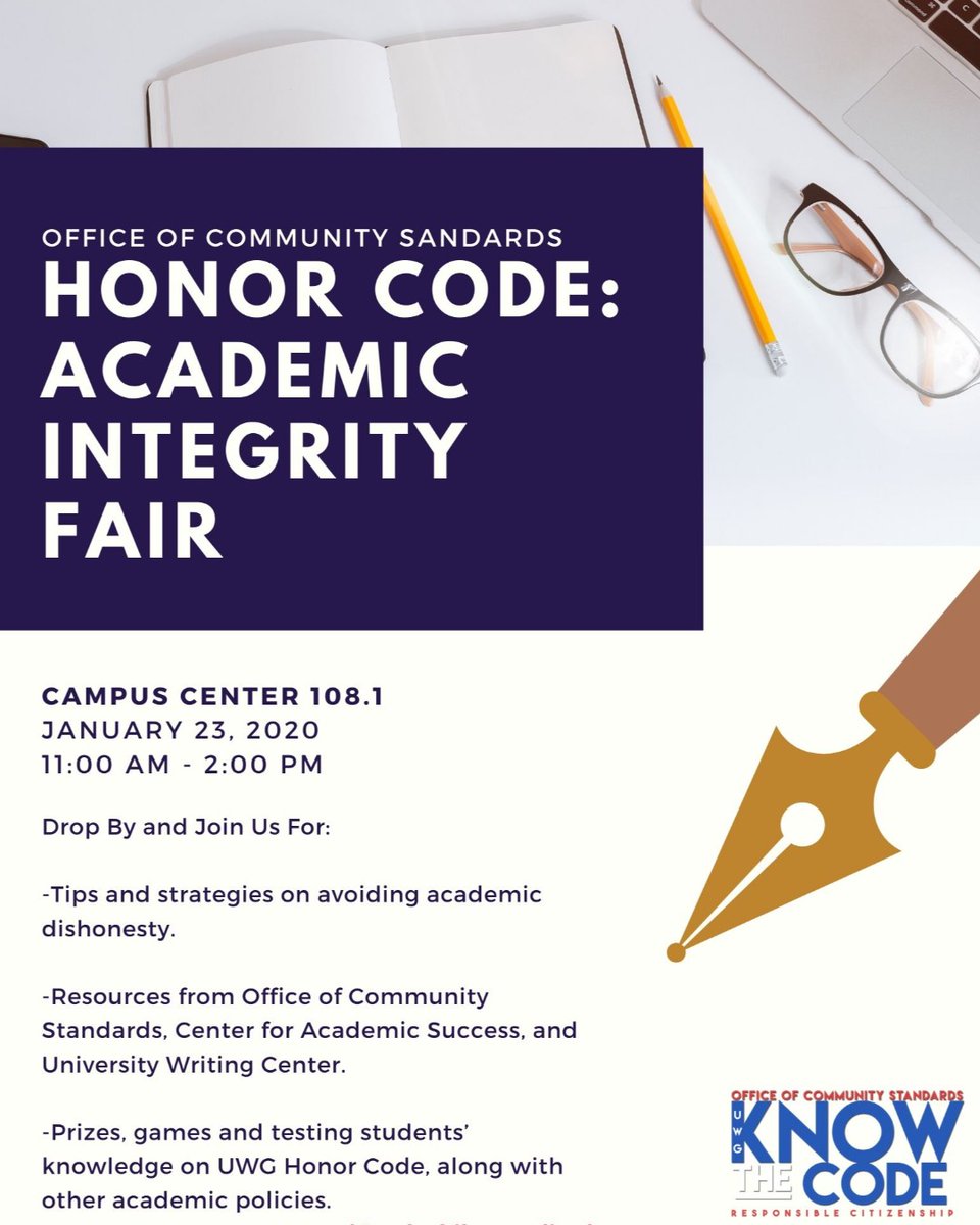 COSSUWG's tweet photo. The Office of Community Standards is hosting an Honor Code/Academic Integrity Fair this Thursday, 1/23.  Campus Center 108.1 https://t.co/LOiB1joIBz
