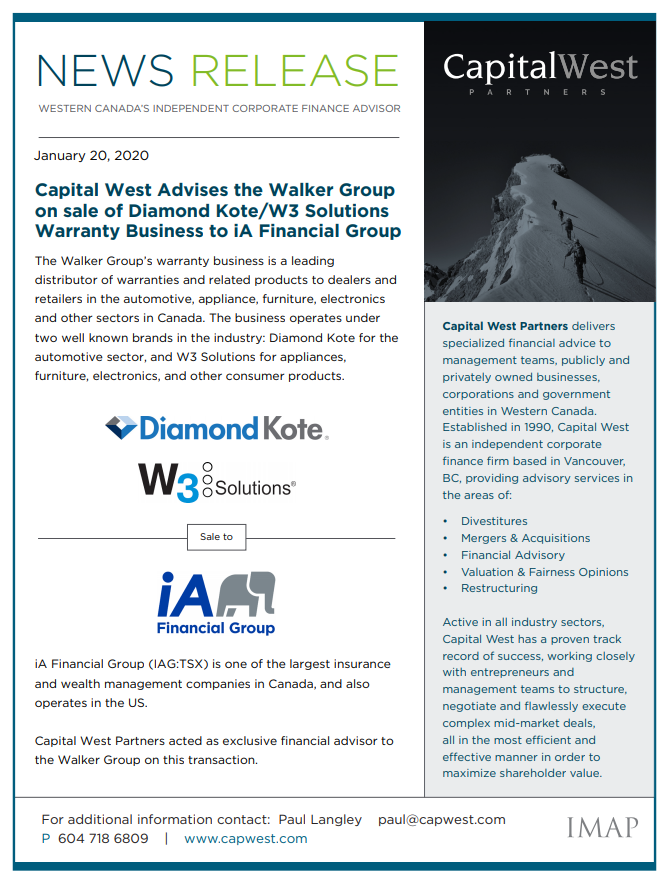 CapitalWest's tweet photo. Capital West advises the Walker Group on its sale of Diamond Kote/W3 Solutions Warranty Business to iA Financial Group #advisory #capwest #iA #walkergroup https://t.co/DyShYpjlkC
