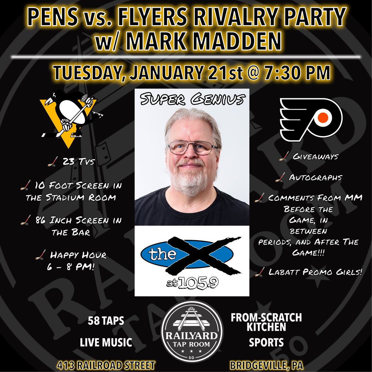 RailyardTap's tweet photo. TONIGHT!! @MarkMaddenX will be here at 7:30 for our Rivalry Party @penguins game!! Just mention “Ticket Giveaway” during the game and be entered to win 2 tickets to the 3/31 game vs. the Devils! #GetRailed #58Taps #CraftBeer #FromScratchKitchen #LiveMusic #Sports #LetsGoPens https://t.co/SBPEcccpBA