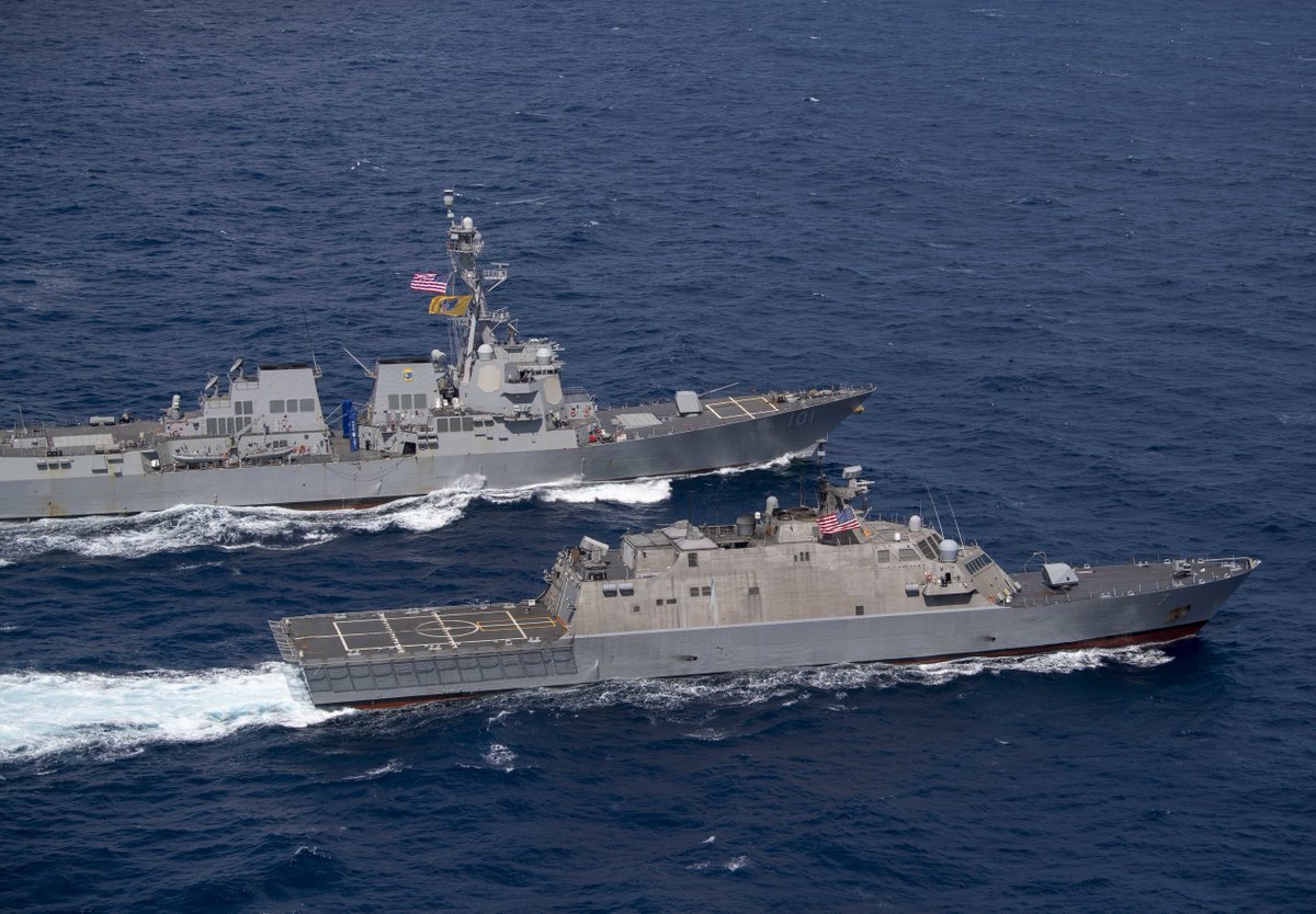 DeptofWar's tweet photo. .@USNavy ships #USSDetroit and #USSGridley perform division maneuvers in the @Southcom seas. Your Navy is ready -- any place, any time. ⚓ https://t.co/0YS6Foh7JH