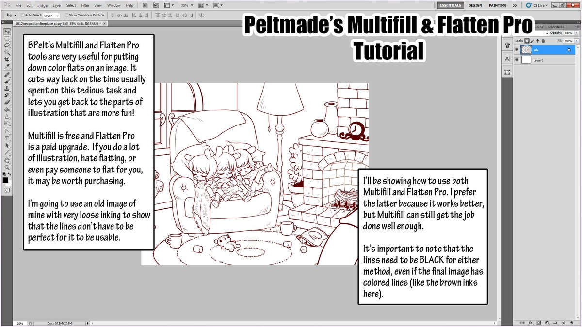 Hey artists, do you hate doing boring flats? Me too! I found this auto-flatting program by Peltmade called MultiFill & Flatten Pro over 5 years ago and still use it to this day to expedite my workflow and save my wrist excess strain 