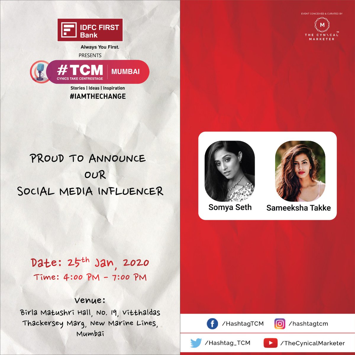 Hashtag_TCM's tweet image. We are excited to announce @TheSomyaSeth, @Sameekshatakke as our #SocialMediaInfluenecers for @IDFCFIRSTBank presents #TCMMumbai

Book #YourTickets Now👉bit.ly/HashtagTCMMumb…
#Venue : Birla Matushree, Marine Lines
#Date &amp;amp; #Time: 25th Jan 2020 | 4.00PM - 7.00PM