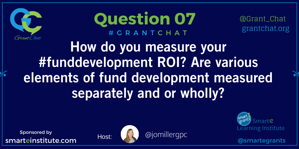Grant_Chat's tweet image. Q7: How do you measure your #funddevelopment ROI? Are various elements of fund development measured separately and or wholly?  #GrantChat