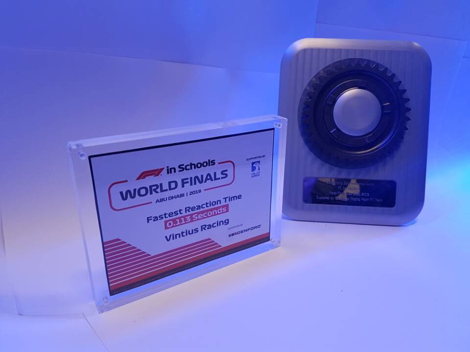 VintiusRacing's tweet photo. Our @F1inSchoolsHQ World Finals Fastest Reaction Time award has arrived! 🙌 #AthloneToAbuDhabi https://t.co/3I46lYr8Md