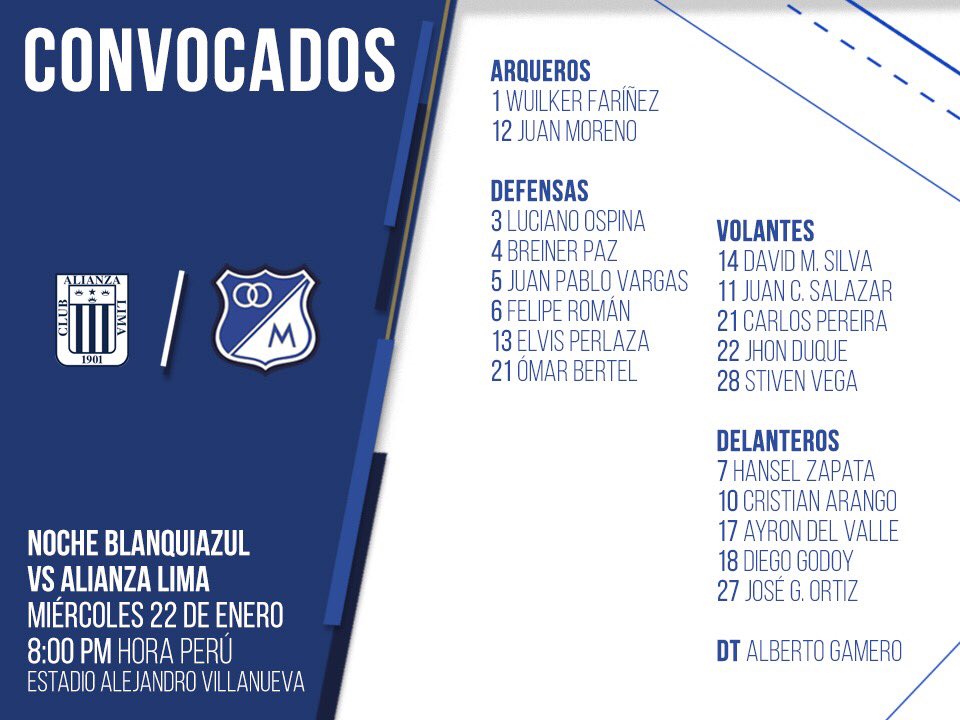 MillonariosEste's tweet photo. Estos son los guerreros que parten rumbo a Perú el dia de hoy para enfrentar a Alianza Lima:

Faríñez, Moreno,
Ospina, Paz, Vargas, Román, Perlaza, Bertel, Vega,
Silva, Duque, Pereira, Zapata,Salazar, 
Ortiz, Arango, #AyronMan y Godoy.
#PretemporadaEmbajadora https://t.co/KzBkHZVbmK