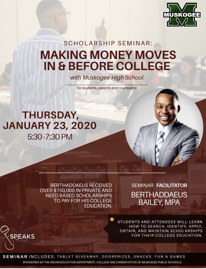 Scholarship Seminar THIS Thursday!! January 23rd from 5:30-7:30pm in the MHS cafeteria. Open to anyone who wants to attend. <a href="/MuskogeeSchools/">Muskogee Schools</a> <a href="/MuskogeeHigh/">Muskogee High School</a> <a href="/MuskogeeA/">Muskogee Athletics</a> <a href="/KFleak/">Kim Fleak</a>