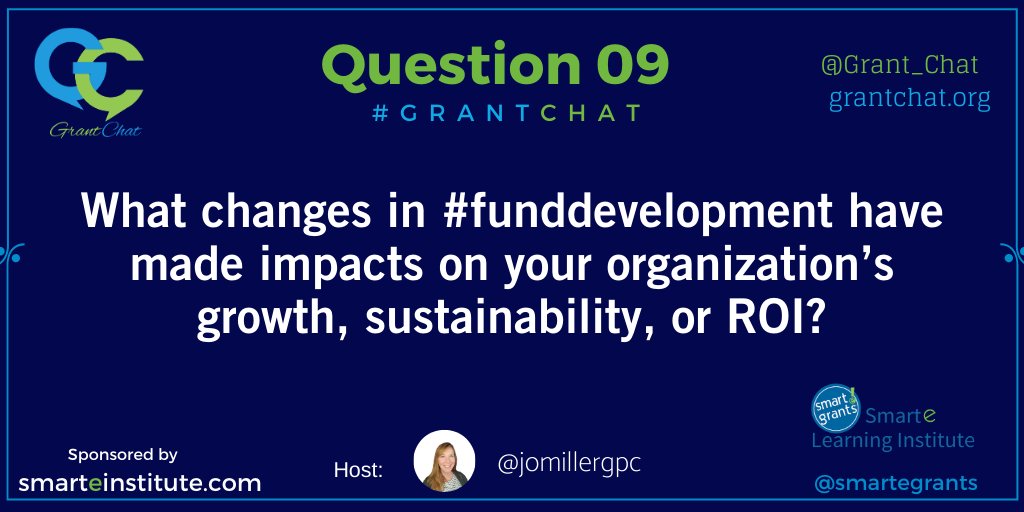 Grant_Chat's tweet image. Q9: What changes in #funddevelopment have made impacts on your organization’s growth, sustainability, or ROI? #GrantChat