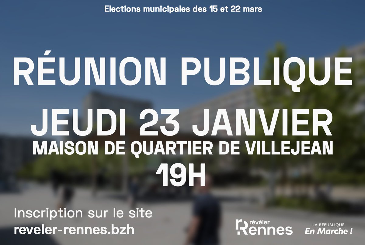 RevelerRennes's tweet photo. [RÉUNION PUBLIQUE]

👥 Présentations des nouveaux visages de notre liste !
🗒 Présentation de notre programme.

📅 : Jeudi 23 janvier
⏰ : 19h00
📍 : Maison de quartier de Villejean
Ⓜ️ : Métro Villejean-Univsersité

Lien d'inscription : [https://t.co/NEZjmFyecM]

#RevelerRennes https://t.co/8puCeKnkyh