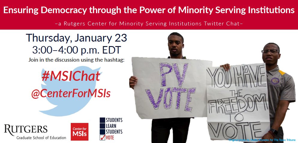 Join in on our discussion as we host a conversation on Ensuring Democracy through the Power of Minority Serving Institutions! 💡

#voting #studentvote #highered