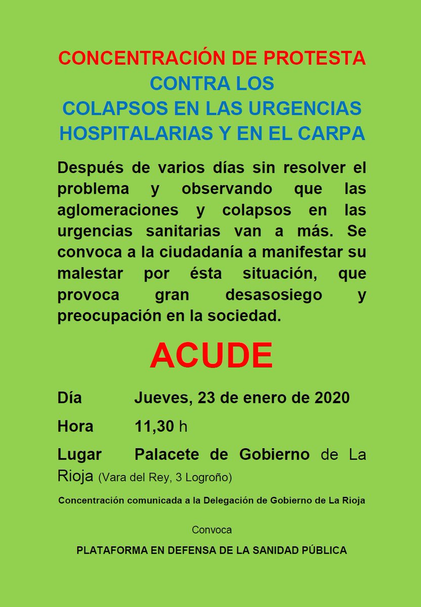 iurioja's tweet photo. 🏥 IU se suma a la concentración de protesta contra los colapso en las urgencias hospitalarias y en el CARPA este jueves 23 de enero a las 11:30 horas frente al Palacete de Gobierno en Logroño convocada por la Plataforma en Defensa de la Sanidad Pública. 
#UrgenciasDignas https://t.co/EWBTRBIIzu