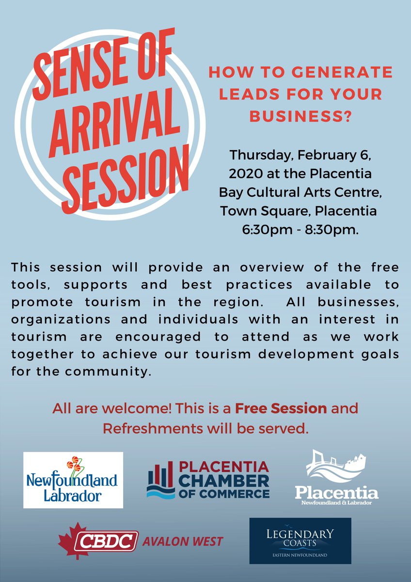 Excited to announce our upcoming #SenseofArrival information session. Check out the details on our facebook page or on our website: placentiachamber.ca

#ExploreNL #BridgingBusinessandCommunity