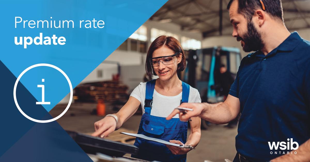 Two people in a warehouse point to the information on an tablet screen. The text reads Premium Rate Update. 