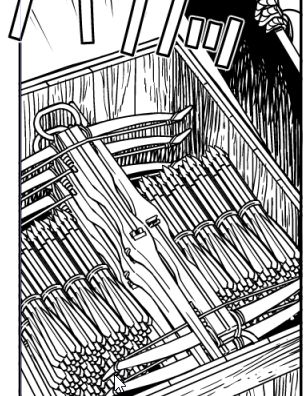 うーん、戦闘シーンはやっぱり時間がかかる…
クロスボウ描くのめんどくさい?

『赤い瞳のヴィクトルカ』第4話のペン入れ13/34p。 
