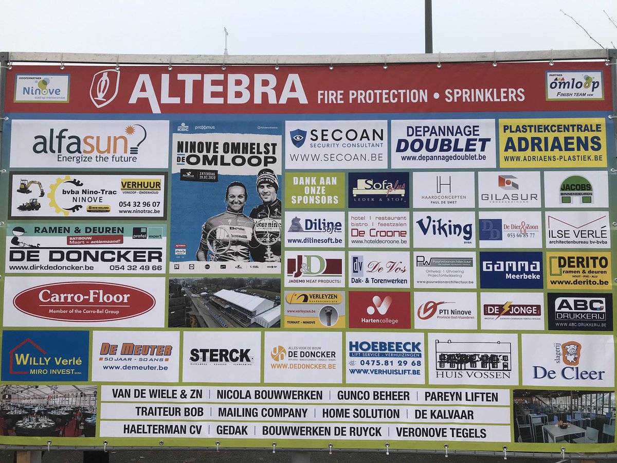 omloopfinish's tweet photo. Dankzij deze sponsors kijken we alweer uit naar een topnamiddag op zaterdag 29/02. Deze reclameborden zijn te bekijken op verschillende plaatsen in Ninove. #omloopfinishteam https://t.co/lz2Aa503x0