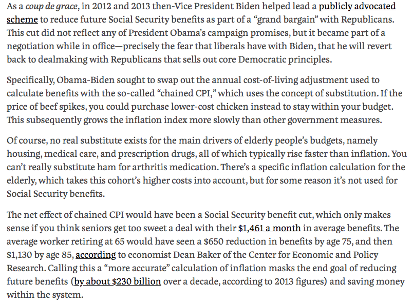 The proper  #BidenSocialSecurityCuts critique/attack is: he has a long record of putting the program on the chopping block in talks with Republicans. It's not a red line, he's willing to go there. Can you, older voters, trust him with McConnell? https://prospect.org/politics/biden-advocacy-for-social-security-trims-has-had-real-cons/