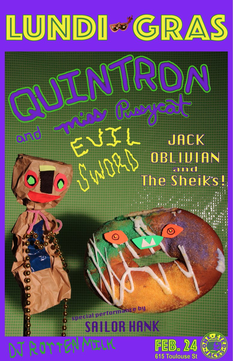 gonerrecords's tweet photo. Jack O teams up with Quintron &amp; Miss Pussycat for New Orleans Lundi Gras blow out at One Eyed Jacks! Celebrate Mardis Gras in style! @JackOblivian @SailorHank_ @evilsword #lundigras #quintron #mardisgras https://t.co/VsOino0AES