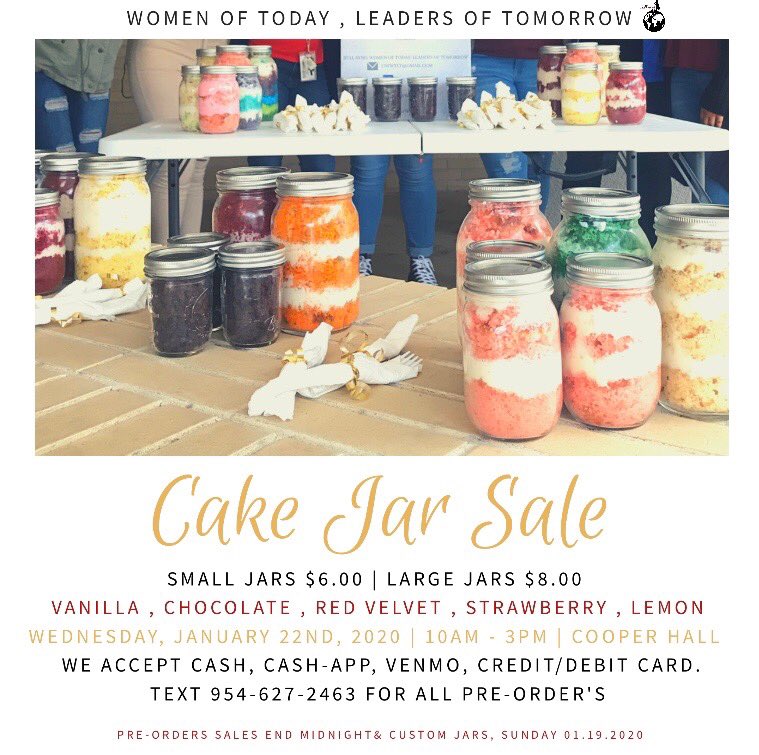 usfwtlt's tweet photo. It’s about that time of the year again 🍴the Ladies of W.T.L.T is back with Cake Jars 🍰 01.22.2020 from 10am-3pm outside of Cooper. You can also start pre-ordering now for Custom jars mixing &amp; matching flavors and icing😋😉
#USF23 #USF22 #USF21 #USF20 #USF19 #WTLT #USFWTLT https://t.co/O3ADNxcT18