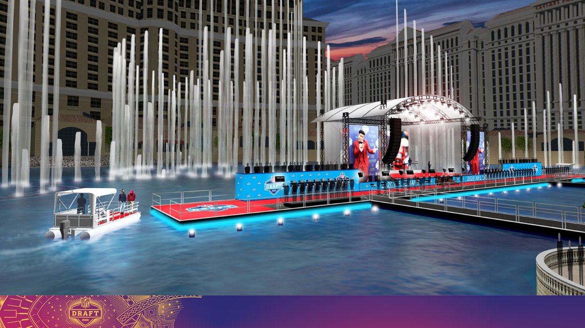 ClarkCountyNV's tweet photo. Another view of the Red Carpet stage. The area on the Las #Vegas Strip in front of the @Bellagio will provide a great vantage point for the public wanting to see the @NFLDraft and the players headed to the @NFL. #NFLDraft #NFLDraft2020 https://t.co/1FBztJlOvx