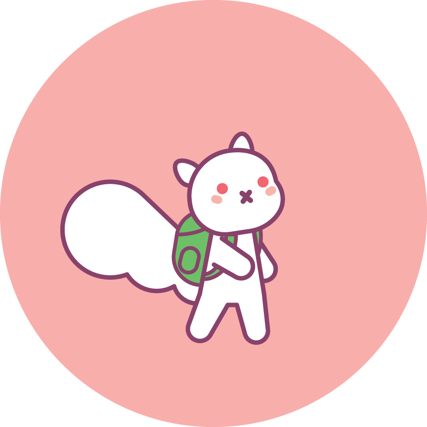 White squirrel illustration, with squirrel wearing a green backpack. Pink background.