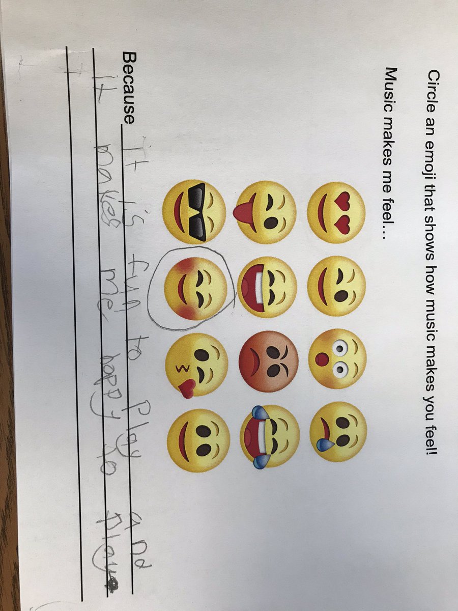 brussband's tweet photo. 4th grade responses to “circle an emoji that shows how music makes you feel” and why...❤️❤️❤️🎼🎹 https://t.co/UrkYH6A3VF