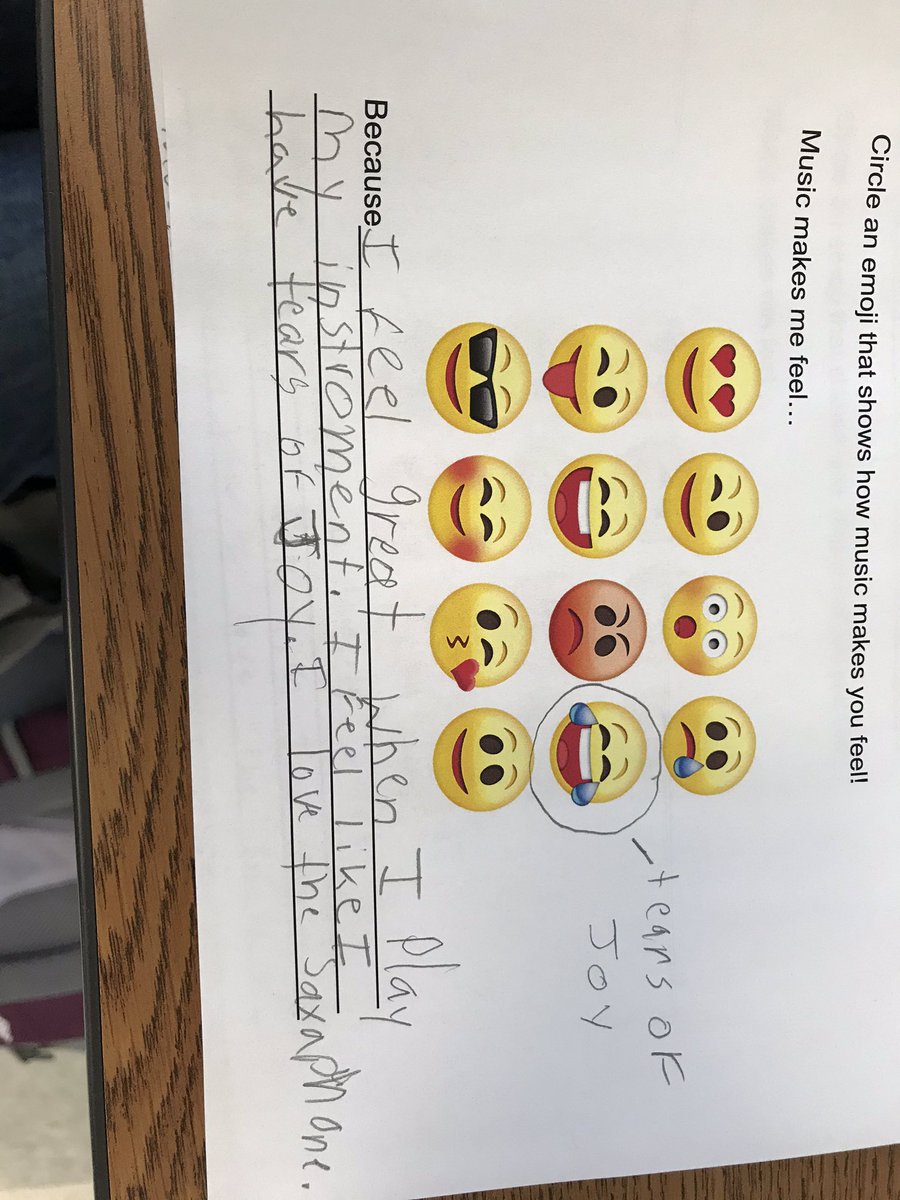 brussband's tweet photo. 4th grade responses to “circle an emoji that shows how music makes you feel” and why...❤️❤️❤️🎼🎹 https://t.co/UrkYH6A3VF