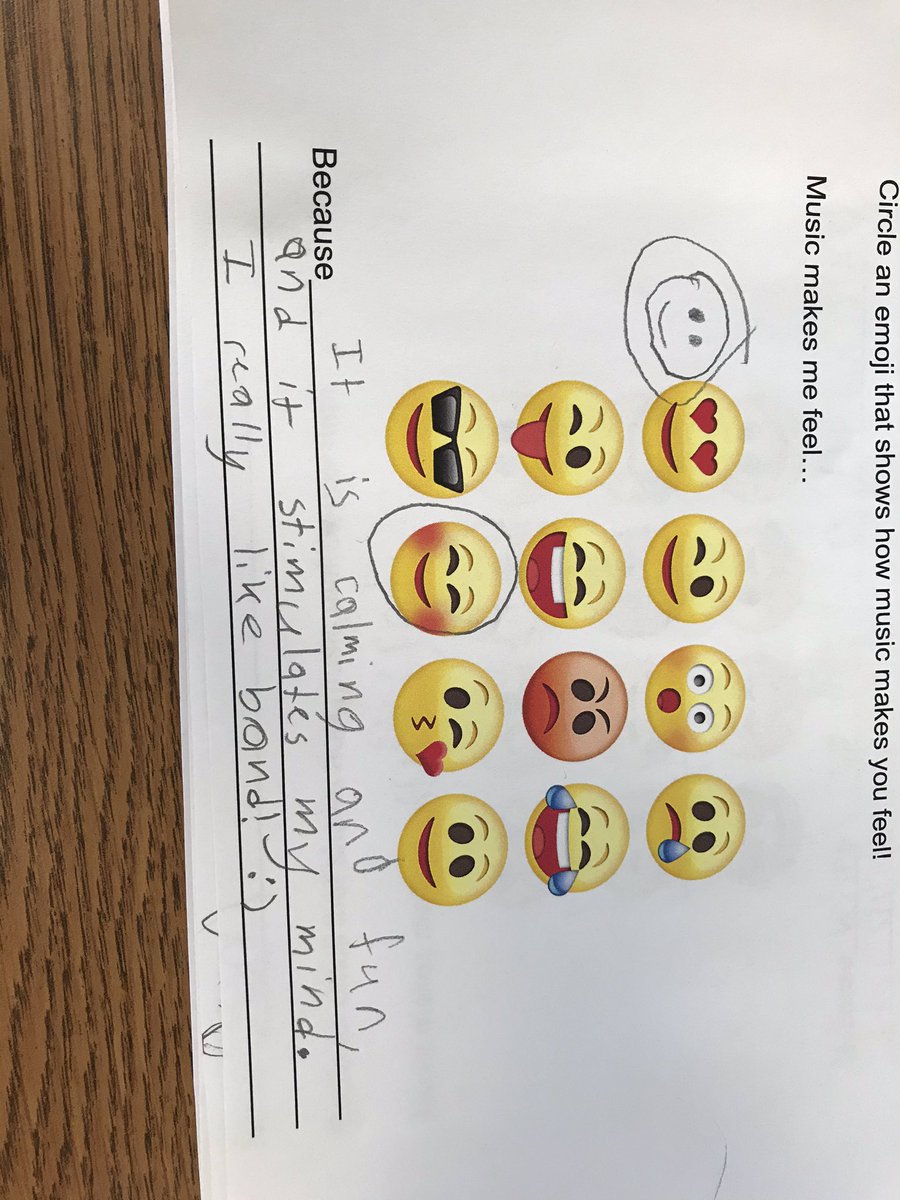 brussband's tweet photo. 4th grade responses to “circle an emoji that shows how music makes you feel” and why...❤️❤️❤️🎼🎹 https://t.co/UrkYH6A3VF