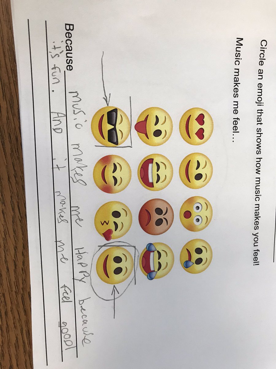 brussband's tweet photo. 4th grade responses to “circle an emoji that shows how music makes you feel” and why...❤️❤️❤️🎼🎹 https://t.co/UrkYH6A3VF