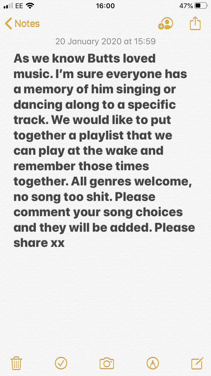 Making a playlist for our Butts wake. Please reply with your suggestions and I will add xx please rt