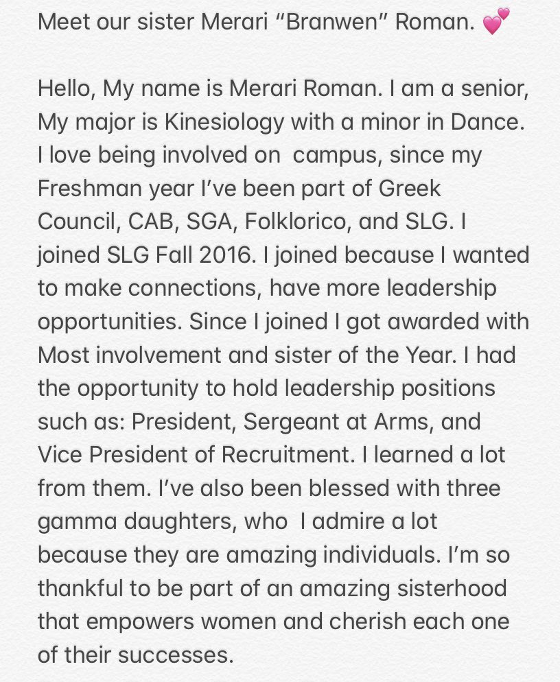 TxAMIUGammas's tweet image. Meet our sister Merari “Branwen” Roman. 💕

#TxAMIUGammas 
#SLGRecruitmentSpring2020
#WhySLG 
#MeetTxAMIUGammas