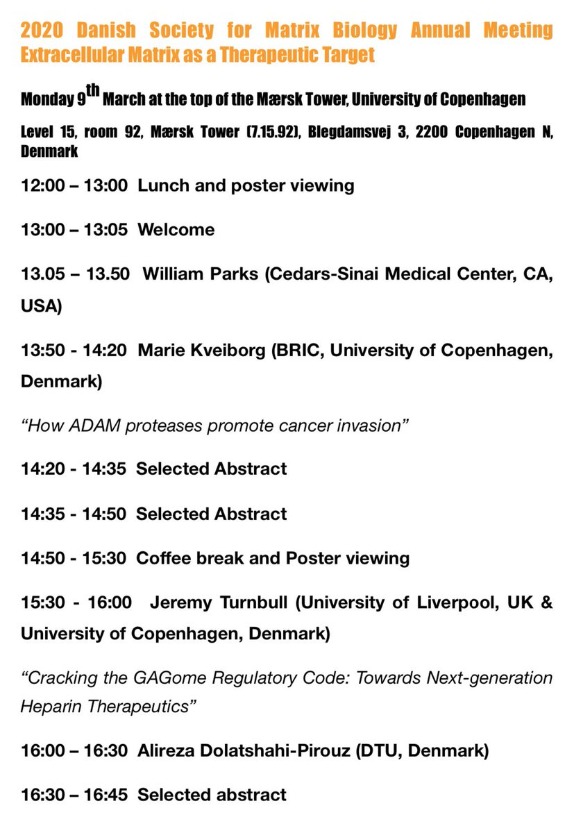 DSMB_dk's tweet photo. Submit abstracts and register before 3rd February to join us at the 2020 DSMB annual meeting on 9th March @ Mærsk Tower, University of Copenhagen! We also have a best oral and a best poster award! Help us spread the news @IntSocMatBio @BSMB1 @ccstorytime @Matrixbiologie https://t.co/oRC9erf1pD