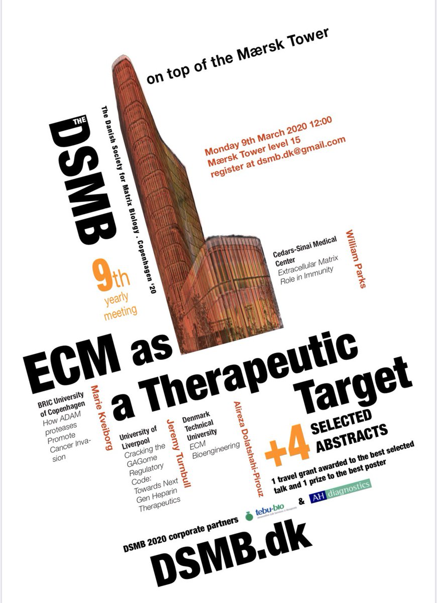 DSMB_dk's tweet photo. Submit abstracts and register before 3rd February to join us at the 2020 DSMB annual meeting on 9th March @ Mærsk Tower, University of Copenhagen! We also have a best oral and a best poster award! Help us spread the news @IntSocMatBio @BSMB1 @ccstorytime @Matrixbiologie https://t.co/oRC9erf1pD