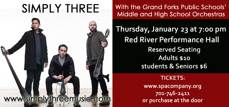 GFSchools's tweet photo. Mark your calendars - @Simply_Three with the @GFSchools middle and high school orchestras - Thursday, January 23rd at 7 p.m. in the Red River High School Performance Hall. Reserve your tickets today at https://t.co/I4mCd9Aq1s.
#gfschools #ilovegf #gfiscooler https://t.co/0lo4W6sN3d